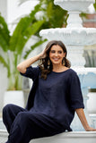 Mea's Linen Breeze Button-Back Top (Navy)