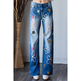 Denim Jeans w/Multicolour Embroidered Flowers