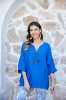 Coconut Button Detail Top w/ Pockets (Royal Blue)
