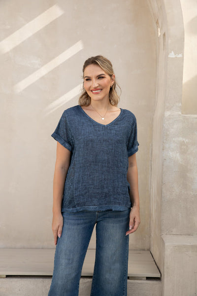Breezy V-Neck Linen Tee (Navy)