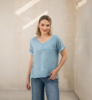 Breezy V-Neck Linen Tee (Denim)