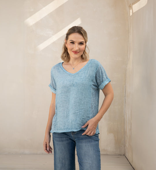 Breezy V-Neck Linen Tee (Denim)
