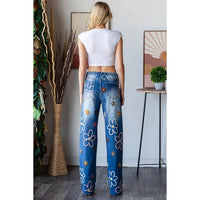 Denim Jeans w/Multicolour Embroidered Flowers