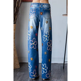 Denim Jeans w/Multicolour Embroidered Flowers