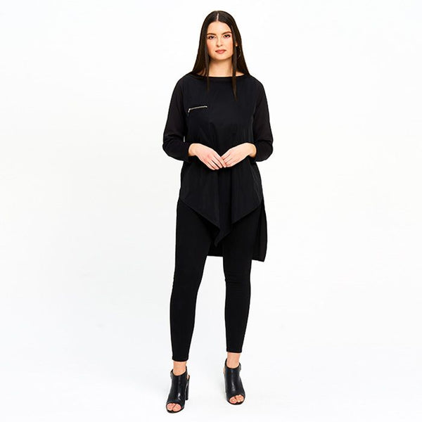 Asymmetric Zip Detail Tunic in Black