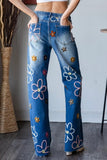 Denim Jeans w/Multicolour Embroidered Flowers