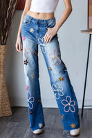 Denim Jeans w/Multicolour Embroidered Flowers