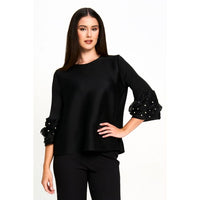 Pearls & Ruffles Plissé Top in Black