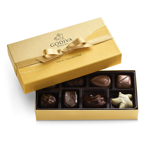 Assorted Chocolate Gold Gift Box, Gold Ribbon, 8 pc.