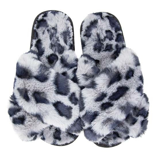 Criss Cross Faux Fur Slippers - Grey Leopard