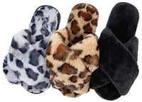 Criss Cross Faux Fur Slippers - Tan Leopard