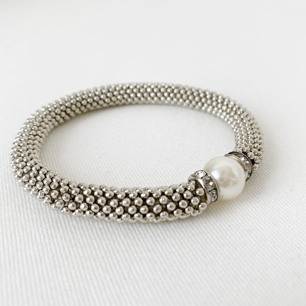 Metallic Stretch Bracelet with Crystals & Pearl (Silver)