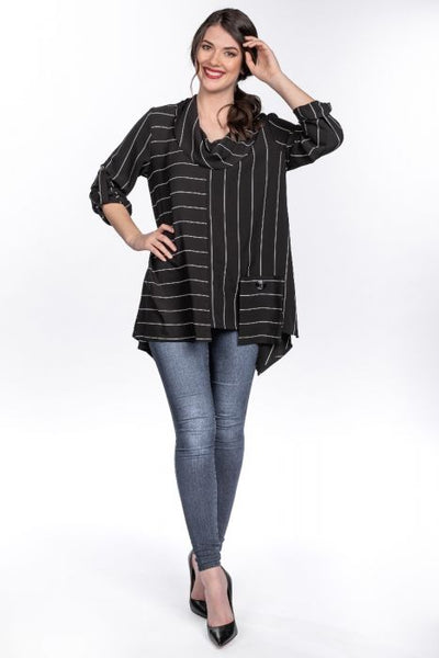 Mixed Stripe Pocket Front Tunic in Black