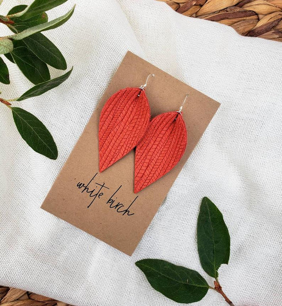 Melon Textured Leather Leaf Earrings