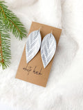 Silver Chevron Pattern Leather Leaf Earrings