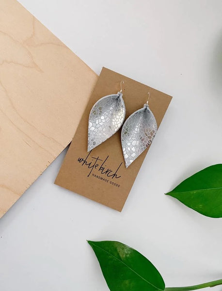 Silver Mosaic Metallic Leather Leaf Earrings