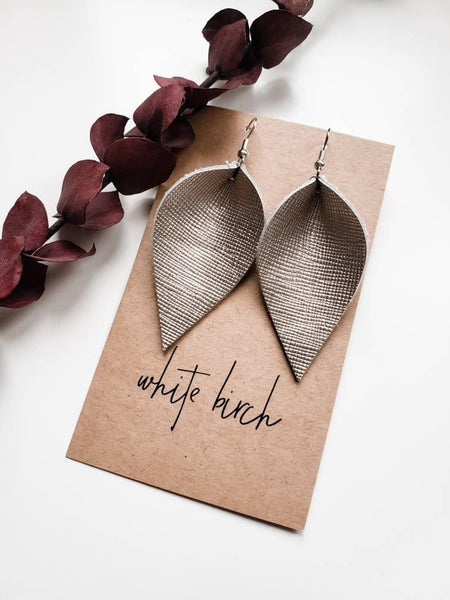 Platinum Embossed Metallic Leather Leaf Earrings