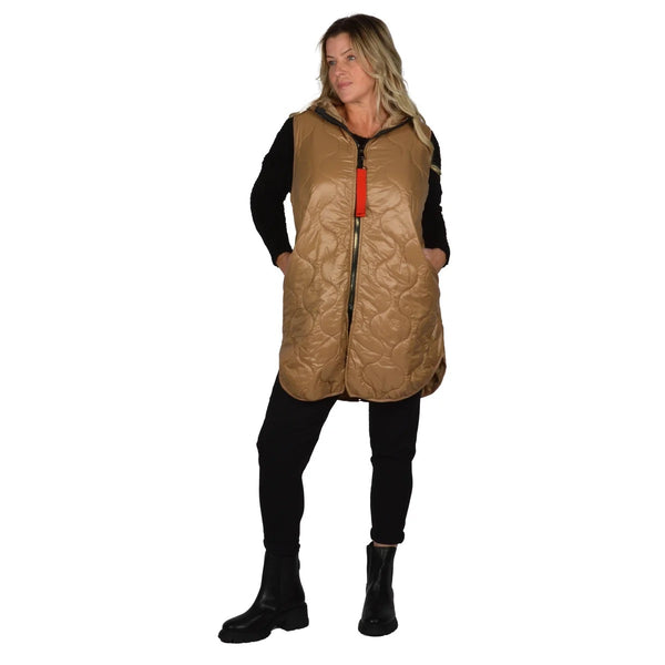 Long Quilted Hoodie Vest - Camel